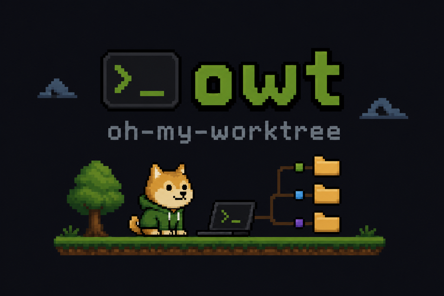 owt terminal UI showing a list of Git worktrees, branch status, and selected worktree details